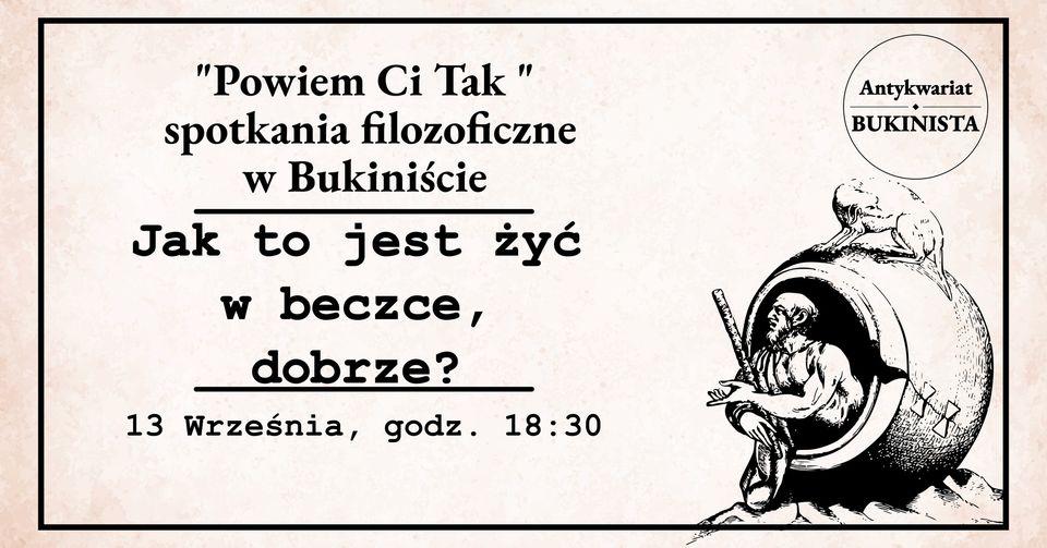 Baner promujący wydarzenie. Nazwa wydarzenia i data. Po prawej stronie grafika przedstawiająca starszego mężczyznę siedzącego w beczce.