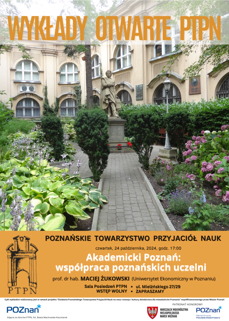Baner promujący wydarzenie. Nazwa wydarzenia i data. w Tye zdjęcie dziedzińca PTPN na którym widnieje pomnik Adama Mizkiewicza w otoczeniu zieleni krzewów i kwiatów.