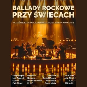 Baner promujący wydarzenie. Nazwa wydarzenia. W tle fortepian i świece oraz kwartet muzyków na scenie.