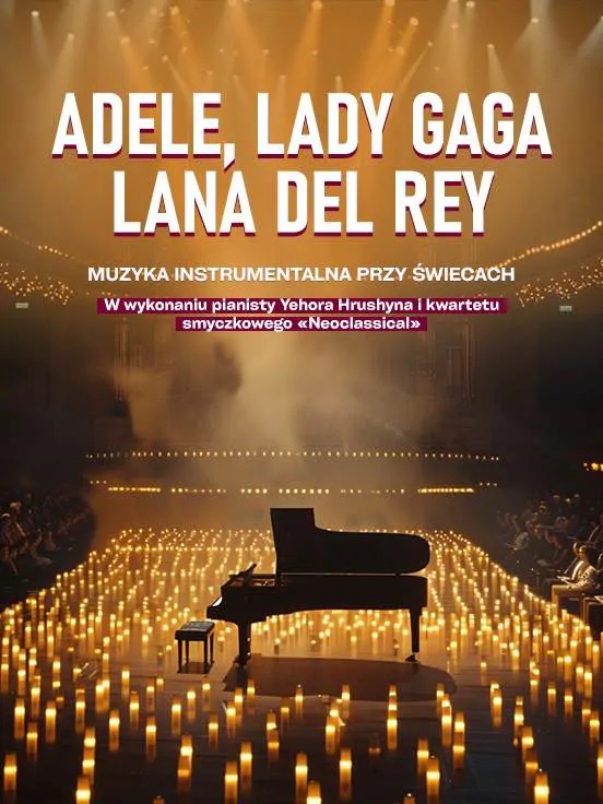 Baner promujący wydarzenie. Nazwa wydarzenia. W tle fortepian i świece.