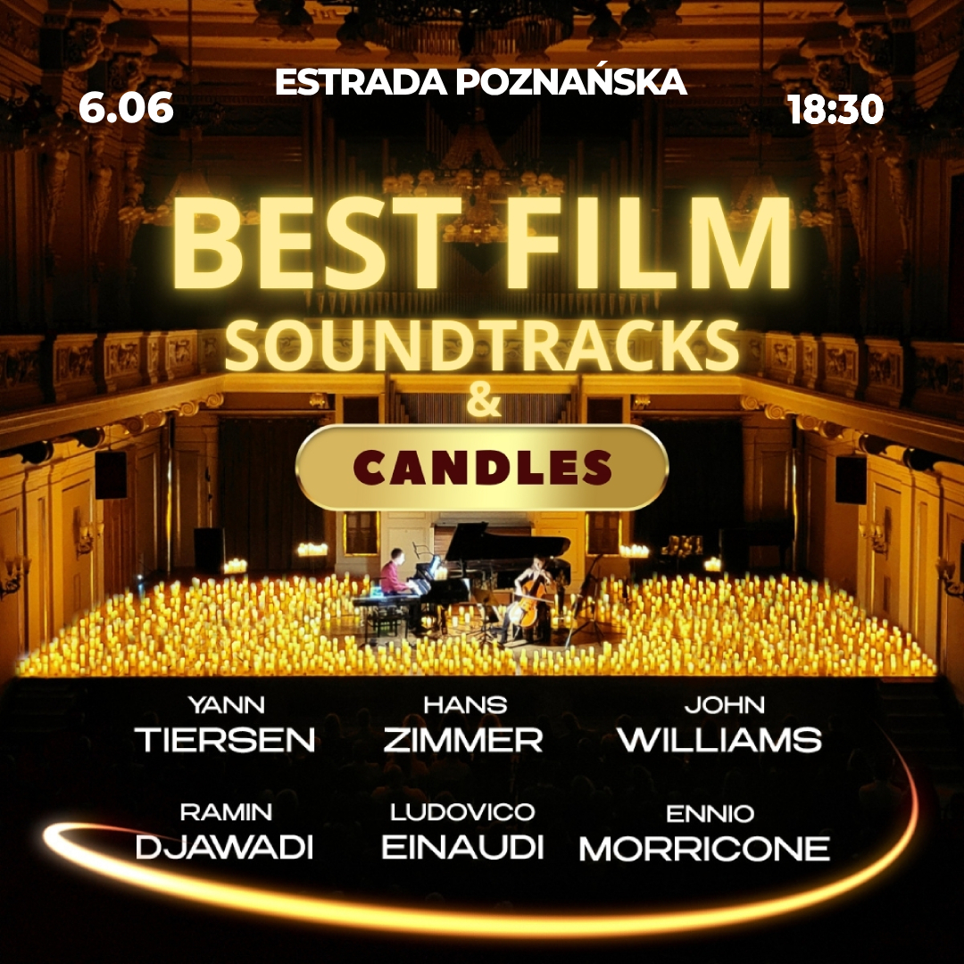 Baner promujący wydarzenie. Nazwa wydarzenia. W tle fortepian i świece.