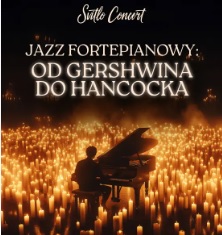 Baner promujący wydarzenie. Nazwa wydarzenia. W tle fortepian i świece.