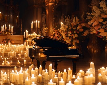 Baner promujący wydarzenie. Nazwa wydarzenia. W tle fortepian i świece.