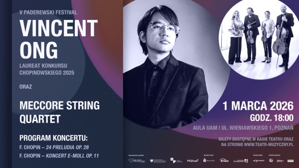 Baner promujący wydarzenie. Nazwa wydarzeania i zdjęcie osób artystycznych.