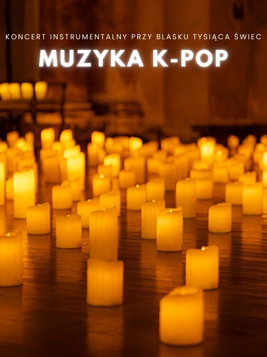 Baner promujący wydarzenie. Nazwa wydarzenia i zdjęcie setek zapalonych świec.