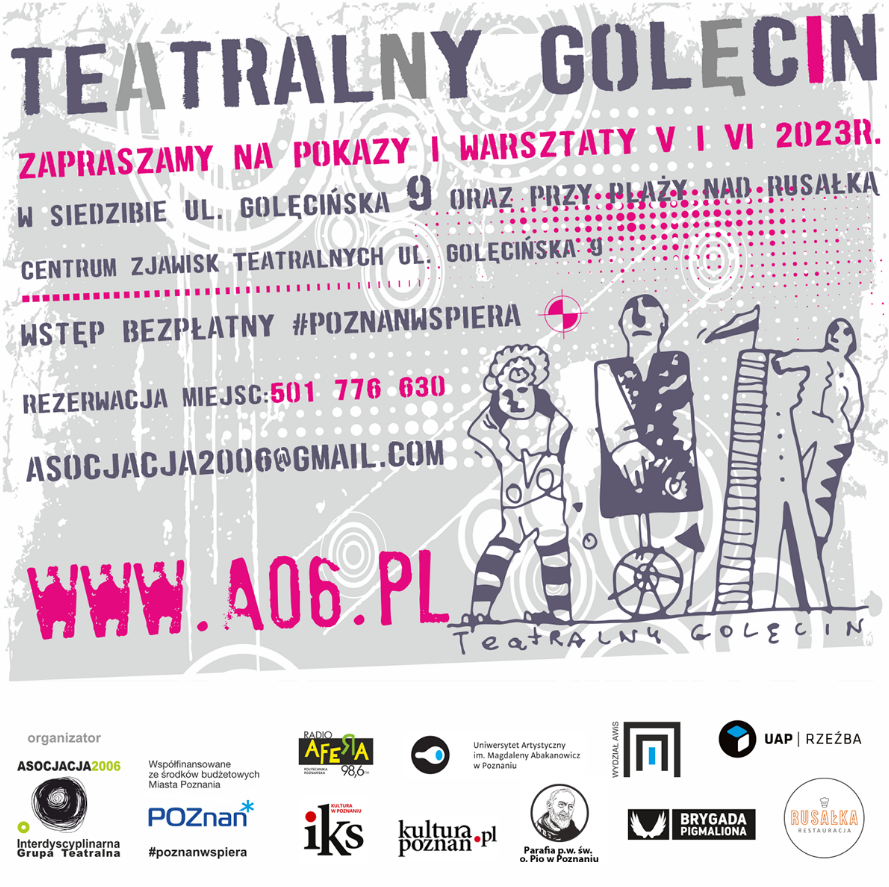 plakat infrormjący o cyklu wydarzeń Teatrlny Golęcin, w kolorach szarym, białym i różowym, z