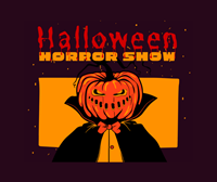 grafiak przedstawia górną częśc postaci w płaszczu, z dynią zamiast głowy, powyżej napis Halloween Horror Show