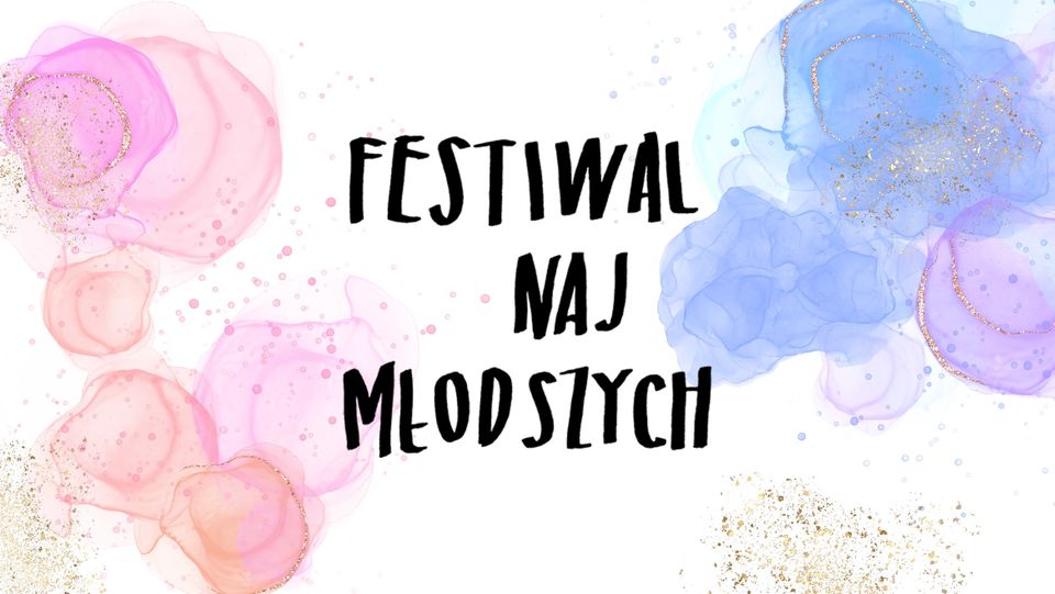 Czarne napisy na białym tle z różowymi i niebieskimi "plamami" i złotym brokatem.