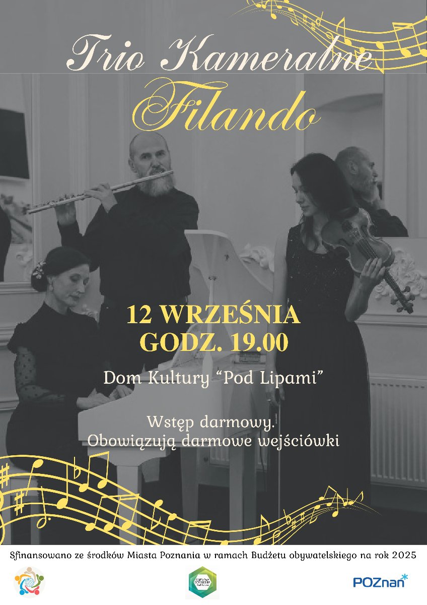 W tle trójka muzyków grająca na instrumentach w pomieszczeniu. Zdjęcie czarno-białe. Z przodu żółte napisy. Szczegółowe informacje w treści w artykułu.