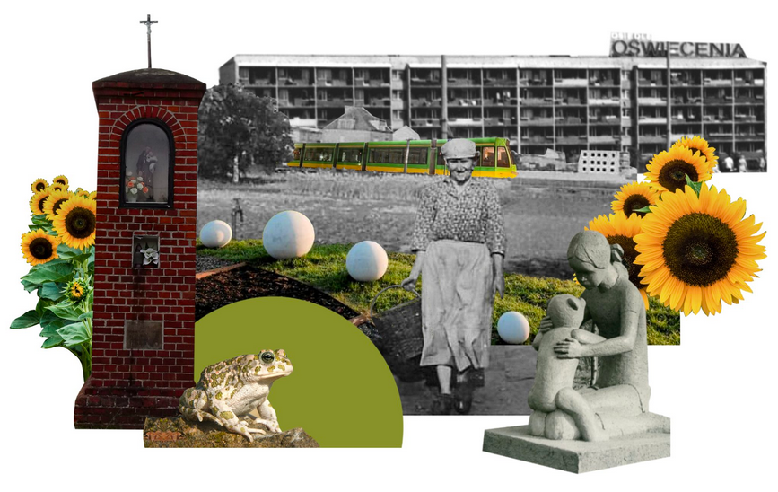 Kolaż składający się z różnych elementów miejskich i wiejskich. W centrum starsza kobieta z koszykiem. W tle blokowiska z napisem "Osiedle Oświecenia". W tle widoczny poznański tramawaj, figurka Matki Boskiej w kapliczce z czerwonej cegły, rzeźba, ropucha na kamieniu. Duże kule na trawie. Po bokach słoneczniki.