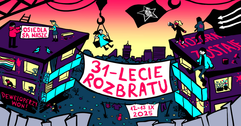 Rysunkowa grafika przedstawiająca Poznań, Rozbrat i kilka osób z plakatami. Szczegółowe informacje zawarte w treści artykułu.