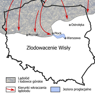 Kontur mapy Polski. Rysunek przedstawiający drogę lodowca na terenach Polski z czerwonymi strzałkami. Wyróżniony lądolód, kierunek oraz jeziora proglacjalne.