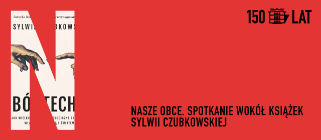 Na czerwonym tle tytuł spotkania oraz w górnym prawym rogu logo Teatru. Z lewej strony duża litera "N".