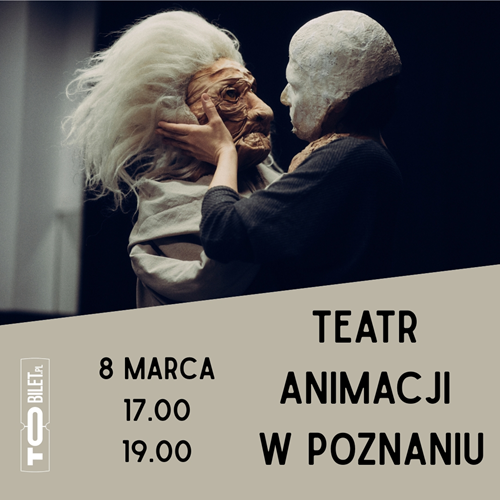 Aktor mający twarz pomalowaną na biało trzyma w dłoniach maskę - twarz starej kobiety z siwymi włosami. Pod zdjęciem informacje o wydarzeniu.