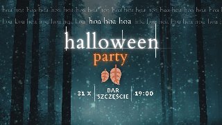 Obraz jest zaproszeniem na imprezę Halloween. Ma ciemne leśne tło z padającym śniegiem, tworząc upiorną i tajemniczą atmosferę. Tekst "halloween party" jest napisany białą czcionką z efektem poświaty, co dodaje niesamowitego klimatu. Dwa małe pomarańczowe liście są umieszczone w centrum obrazu, dodając subtelny akcent jesiennego koloru. Projekt zaproszenia oddaje istotę Halloween z jego mrocznymi elementami, zapraszając gości na noc upiornej zabawy w "BAR SZCZĘŚCIE" 31 października.