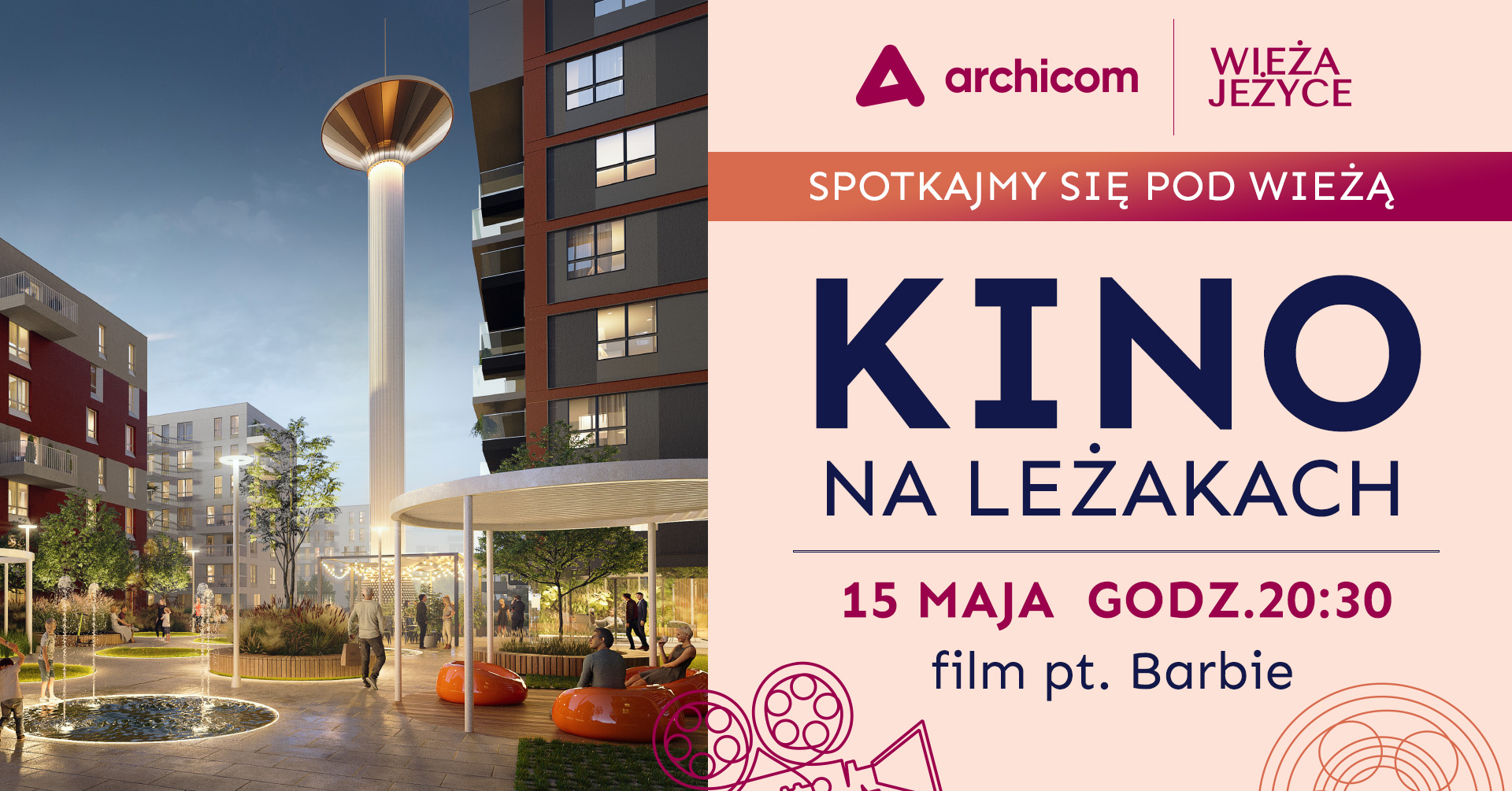 Plakat informujący o wydarzeniu "Kino na lezakach". Najbliższy seans 15 maja o godzinie 20:30 pod Wieżą Jeżyce.