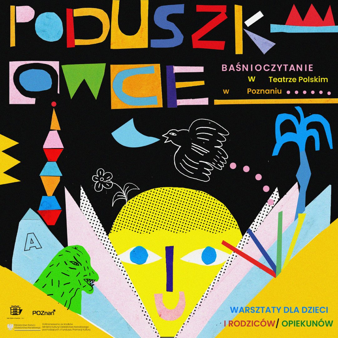 Kolorowy rysunek: żółta, uśmiechnięta buzia wystająca zza kartek książki oraz inne elementy takie jak wieża z klocków, lecący ptak, niebieska palma. Na górze obrazka tytuł cyklu "Poduszkowce".