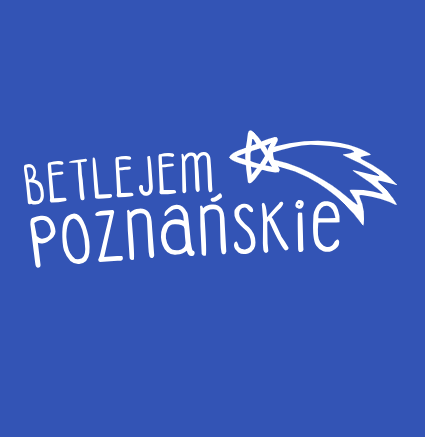Logo Betlejem Poznańskie. Biały napis i gwiazda betlejemska na niebieskim tle.