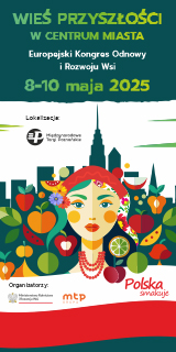 Plakat promujący Europejski Kongres Odnowy i Rozwoju Wsi 2025. Na środku stylizowana ilustracja kobiety w ludowym stroju, otoczonej owocami i warzywami. W tle nowoczesna panorama miasta. Napisy informujące o wydarzeniu.