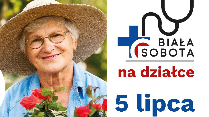 Uśmiechnięta starsza kobieta w kapeluszu, obok informacje o wydarzeniu prozdrowotnym.