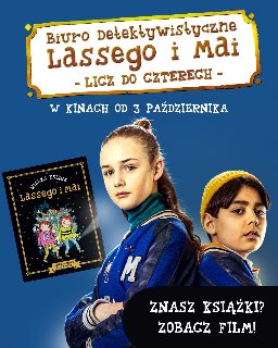 Plakat filmu Biuro Detektywistyczne Lassego i Mai, Licz do czterech. Na plakacie zdjęcie dwójki dzieci i książka wydawnictwa Zakamarki.