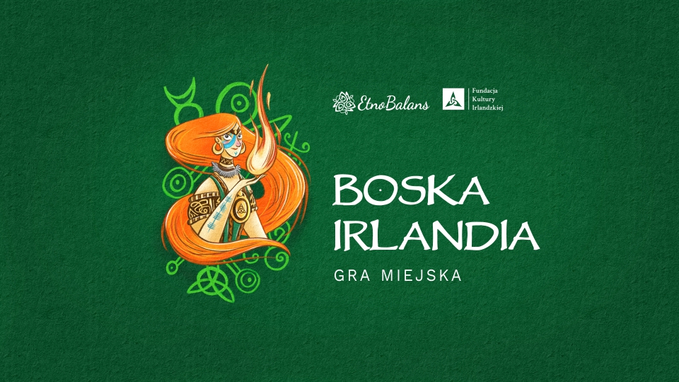 rudowłosa kobieta ubrana w irlandzki strój i trzymająca w dloni płomień