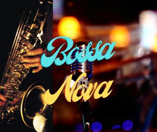 Zdjęcie mikrofonu i saksofonu w klimatycznym świetle, na zdjęciu napis Bossa Nova.