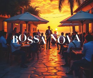 Zdjęcie nadmorskiej uliczki, w tle zachodzące słońce, ludzie siedzą przy stolikach pod parasolami, między nimi stoi artysta grający na saksofonie.