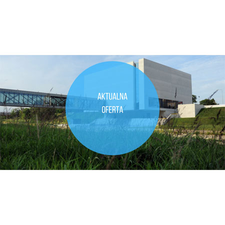 Brama Poznania. Na środku niebieskie koło i biały napis.