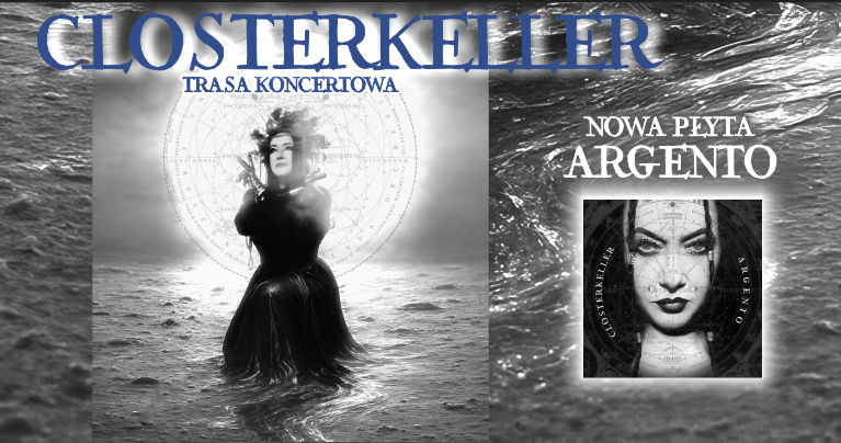 Informacje o koncercie zespołu Closterkeller i okładka płyty Argento, z kobietą brodzącą w wodzie.