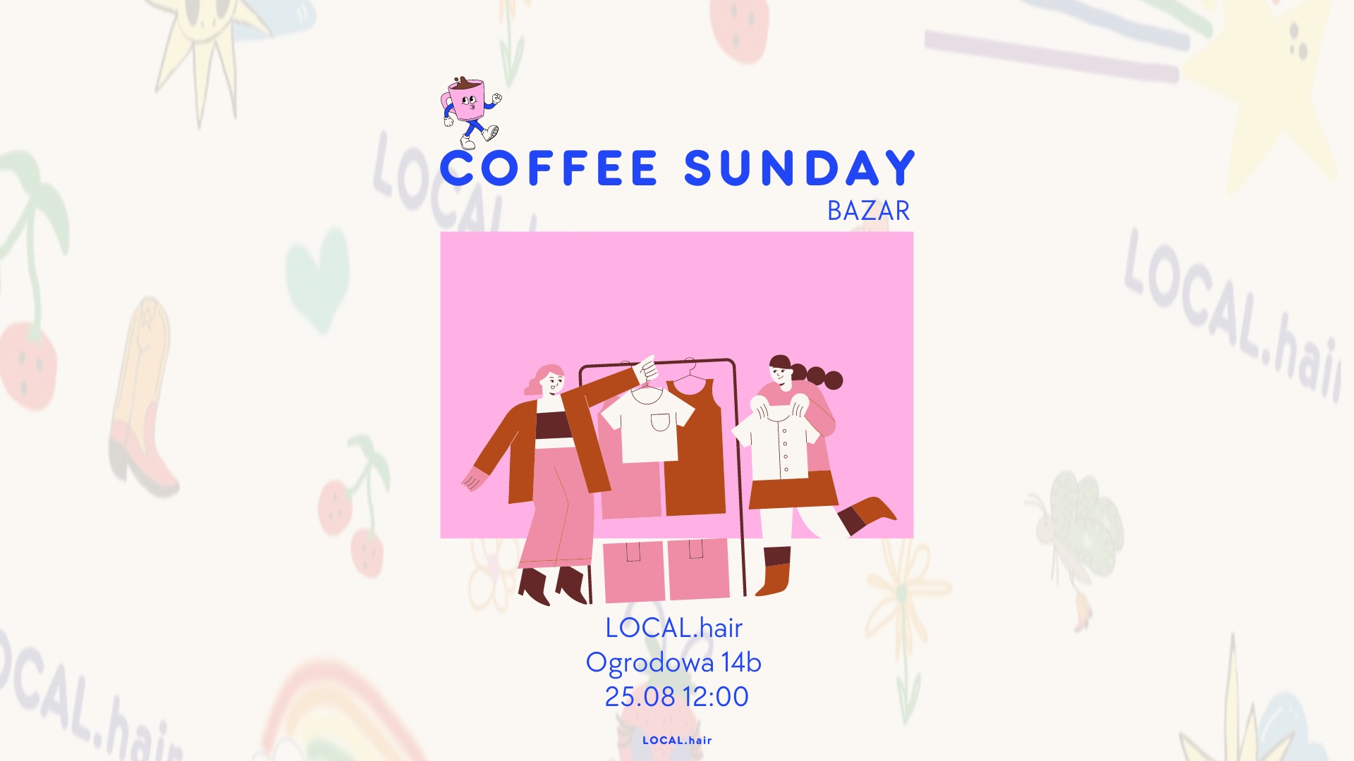 Kolorowa grafika przedstawia dwie dziewczyny, które oglądają ubrania powieszone na wieszaku. Obok nich stoją dwie różowe torby na zakupy.