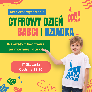 Mały chłopiec w białej koszulce i jeansach wskazuje na plakat informacyjny. Szczegóły wydarzenia powtórzone w opisie.
