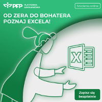 Obrazek promuje cykl szkoleń z programu Microsoft Excel. Znajduje się na nim logo tego programu, stylizowany wizerunek sylwetki ludzkiej sięgającej w kierunku owego logo, a także informacje o samych szkoleniach. Obrazek utrzymany jest w kolorach białym i ciemnozielonym, charakterystycznym dla programu Excel.