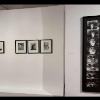 Czarno-białe fotografie na białej ścianie galerii.