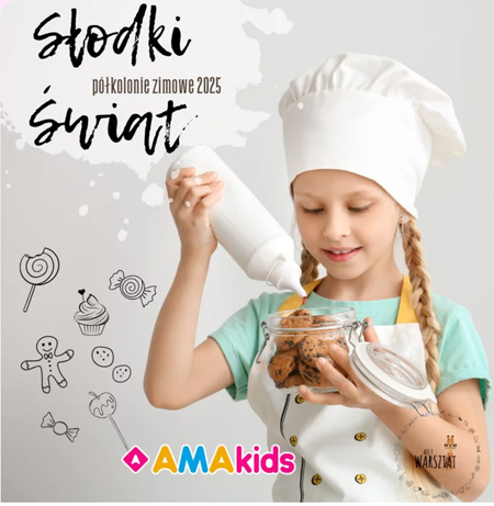 Dziewczynka w stroju kucharza dekoruje ciasteczka w słoiku."Amakids. Słodki świat. Półkolonie dla dzieci".