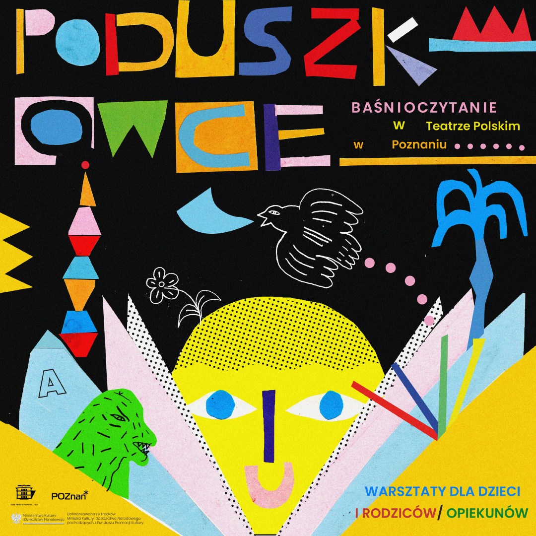Kolorowy rysunek: żółta, uśmiechnięta buzia wystająca zza kartek książki oraz inne elementy takie jak wieża z klocków, lecący ptak, niebieska palma. Na górze obrazka tytuł cyklu "Poduszkowce".