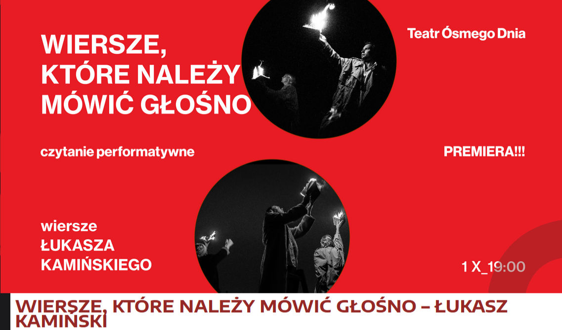 Fragment plakatu wydarzenia: tytuł spotkania na czerwonym tle i fragmenty zdjęć.