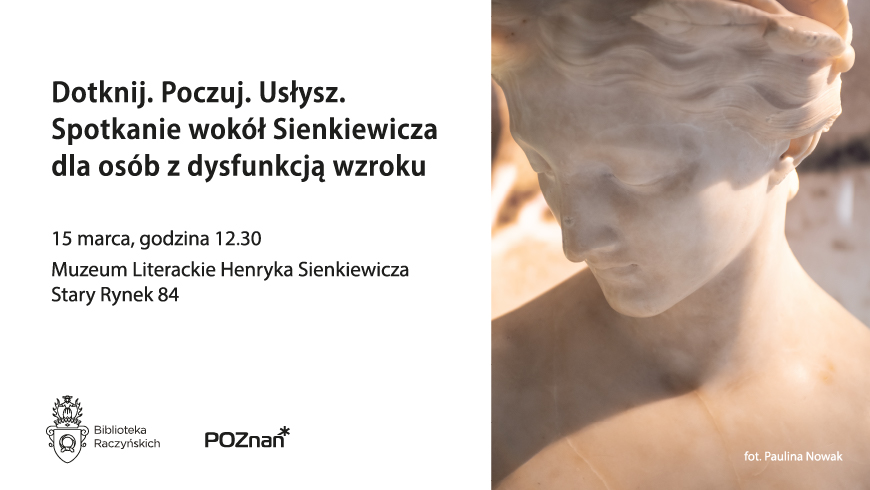 Popiersie kobiety, obok informacje o wystawie dla osób z dysfunkcją wzroku.