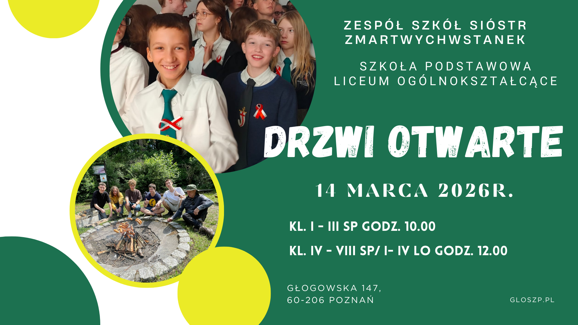 Plakat drzwi otwartych w szkole Zmartwychstanek. W okrągłych ramkach zdjęcia uczniów, szczegółowe informacje z plakatu są powtórzone w treści artykułu.