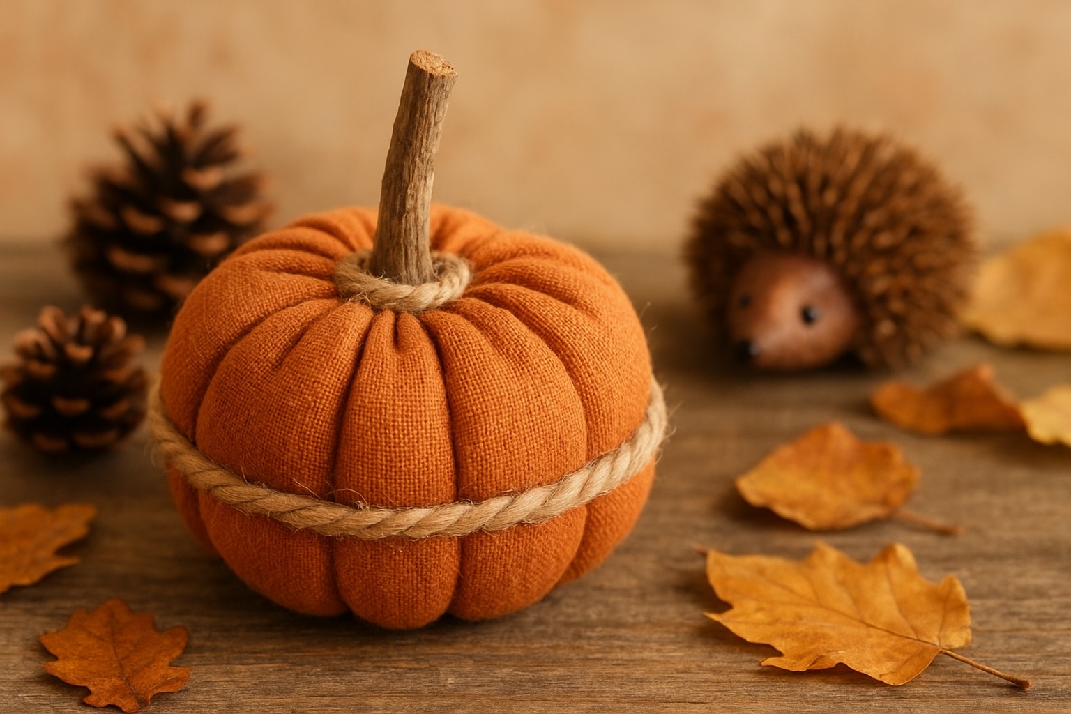 Dekoracja dynii zrobionej z materiału i gałęzi. W tle drewniany jeżyk, szyszki i liście.