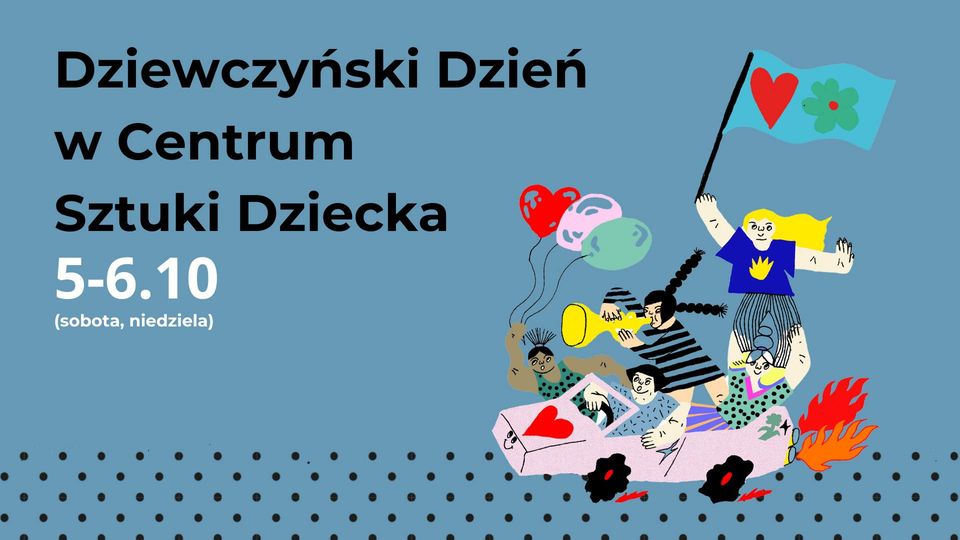 Po lewej stronie znajduje się tekst na niebieskim tle podkreślający daty i godziny wydarzenia. Po prawej stronie widać dzieci bawiące się wokół zabawkowego samochodu, trzymające flagę z sercem i kwiatem. Rysunek jest wypełniony jasnymi kolorami, balonami i elementami ognia, tworząc poczucie świętowania. Plakat przekazuje atmosferę radości i kreatywności, zapraszając do aktywnego i kolorowego wydarzenia.