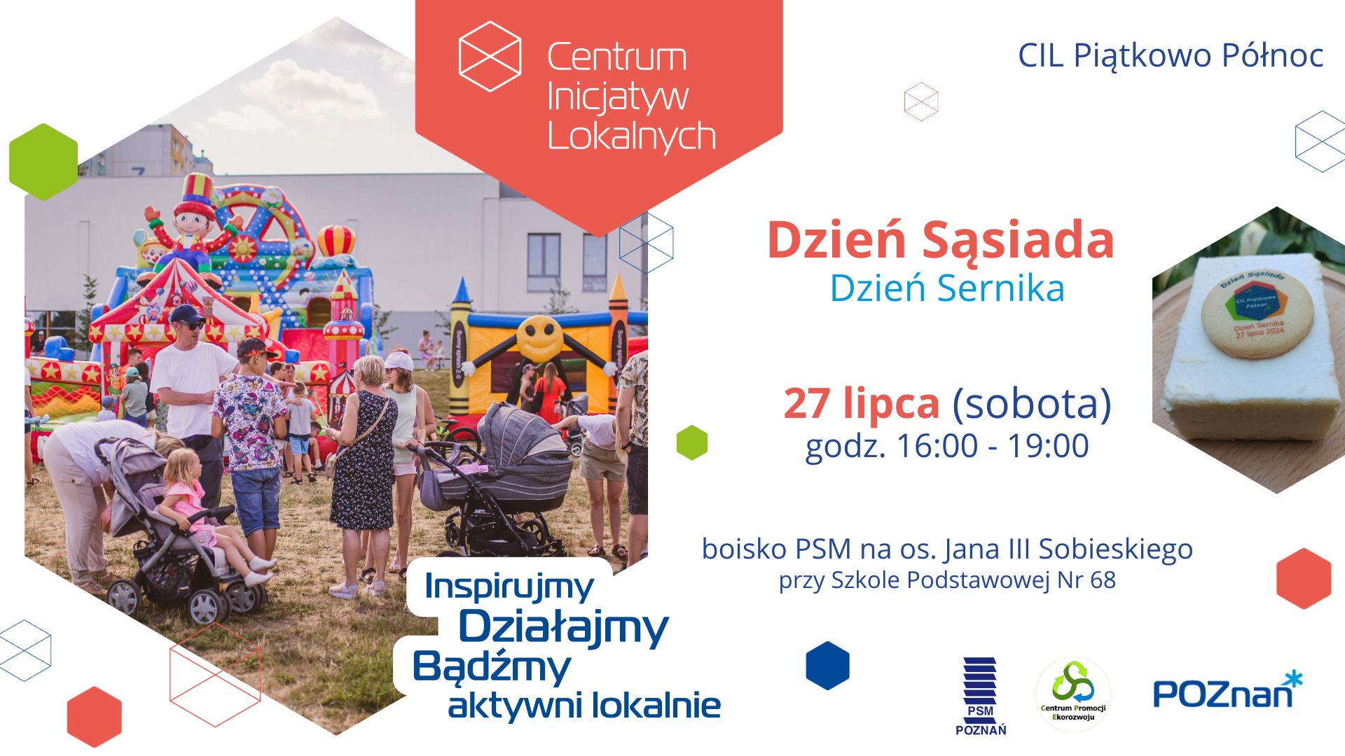 Plakat, podzielony na dwie części, po lewej w zdjęcie rodzin przed dmuchanymi zamkami, po prawe czerwono - niebieskie napisy informujące o wydarzeniu.