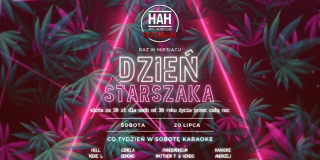 Plakat reklamujący wydarzenia utrzymany w różowej kolorystyce, pośrodku napis Dzień Starszaka, dookoła liście palm.