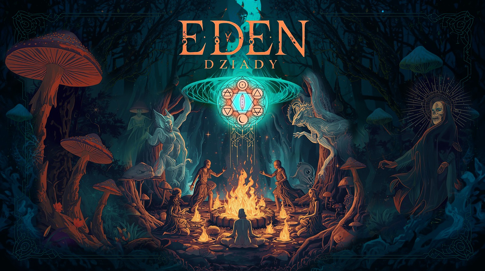 Grafika przedstawia fantastyczny las pełen mitologicznych stworzeń i roślin. Na środku lasu pali się ognisko, wokół którego tańczą postacie.