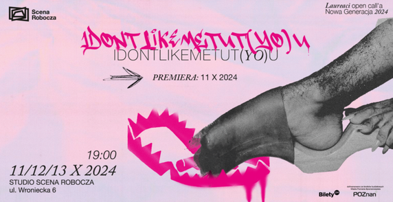 Plakat, na różowym tle, męska stopa, która wpada w sidła, dookoła napisy informujące o wydarzeniu.