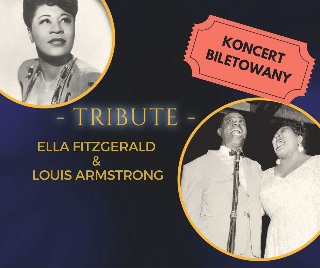 Na ciemnym tle dwa zdjęcia. W lewym górnym roku czarno-białe zdjęcie piosenkarki Elli Fitzgerald. W prawym dolnym wspólne zdjęcie Louisa Armstrongra i Elli Fitzgerald