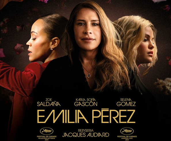 Plakat fimu Emilia Perez, zdjęcie trzech silnych kobiet na czarnym tle.