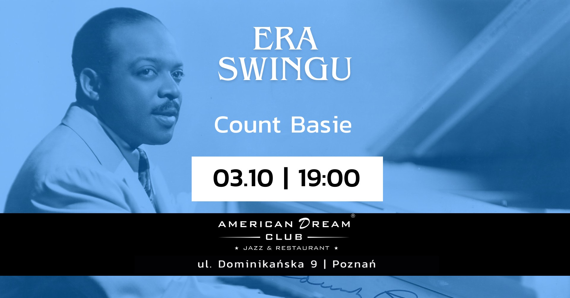 Ciemnoskóry mężczyzna, krótko obcięty z wąsem, ubrany w biały garnitur. Mężczyzna spogląda w prawo i jednocześnie gra na fortepianie.