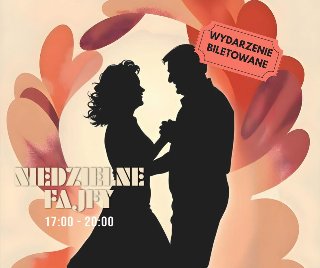 Cień tańczącej pary wokół abstrakcyjna ramka. Napis Niedzielne Fajfy 17:00 - 20:00, wydarzenie biletowane.