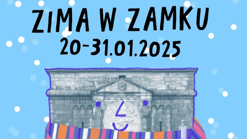 Grafika promująca wydarzenie "Zima w Zamku" odbywające się w dniach 20-31 stycznia 2025 roku. Na jasnoniebieskim tle przedstawiono ilustrowany fragment fasady zamku w szarych odcieniach, otulony w kolorowy szalik w paski - pomarańczowe, fioletowe, białe i niebieskie. Wieża zamkowa ma dorysowane oczy i uśmiech. W tle widać padające śnieżynki, które podkreślają zimowy charakter wydarzenia.